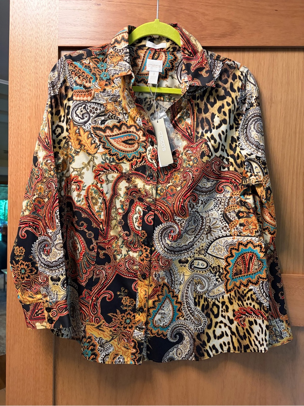 Chico's Multi-Color Paisley & Leopard Print Button-Up Blouse